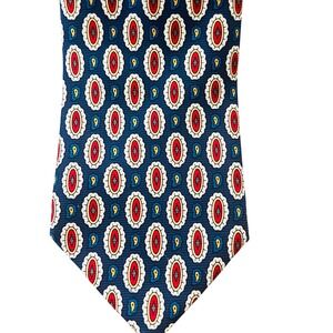 Brooks Brothers Makers Mens Silk Tie Navy Blue Red Geometric Medallion USA